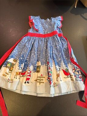 Eleanor Rose Girls Blue and Red Christmas Santa Print Holiday Dress size 7-8